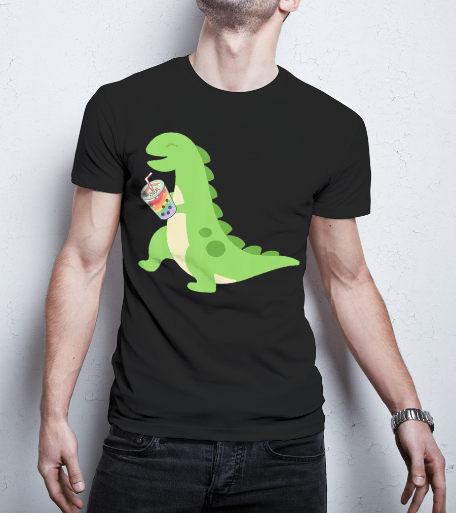 Dino Drinking Bubble Tea With Colorful Boba T-Shirt