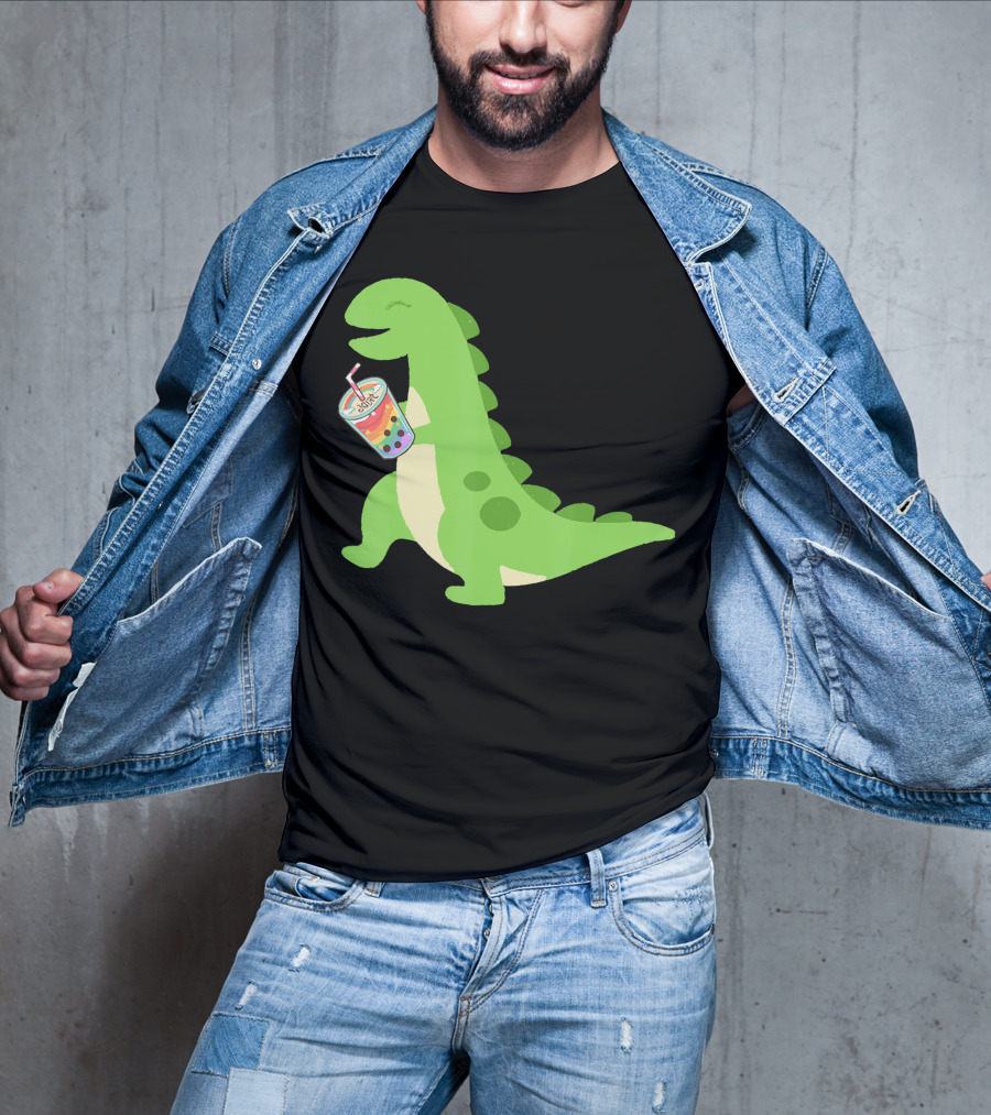 Dino Drinking Bubble Tea With Colorful Boba T-Shirt