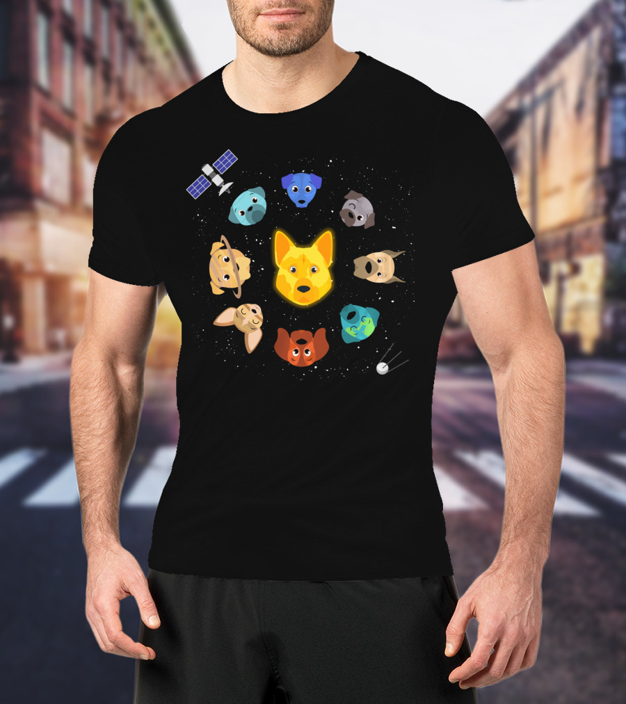 Dogs In Space Puppy Heads Orbiting With Rocket And Satellite T-Shirt