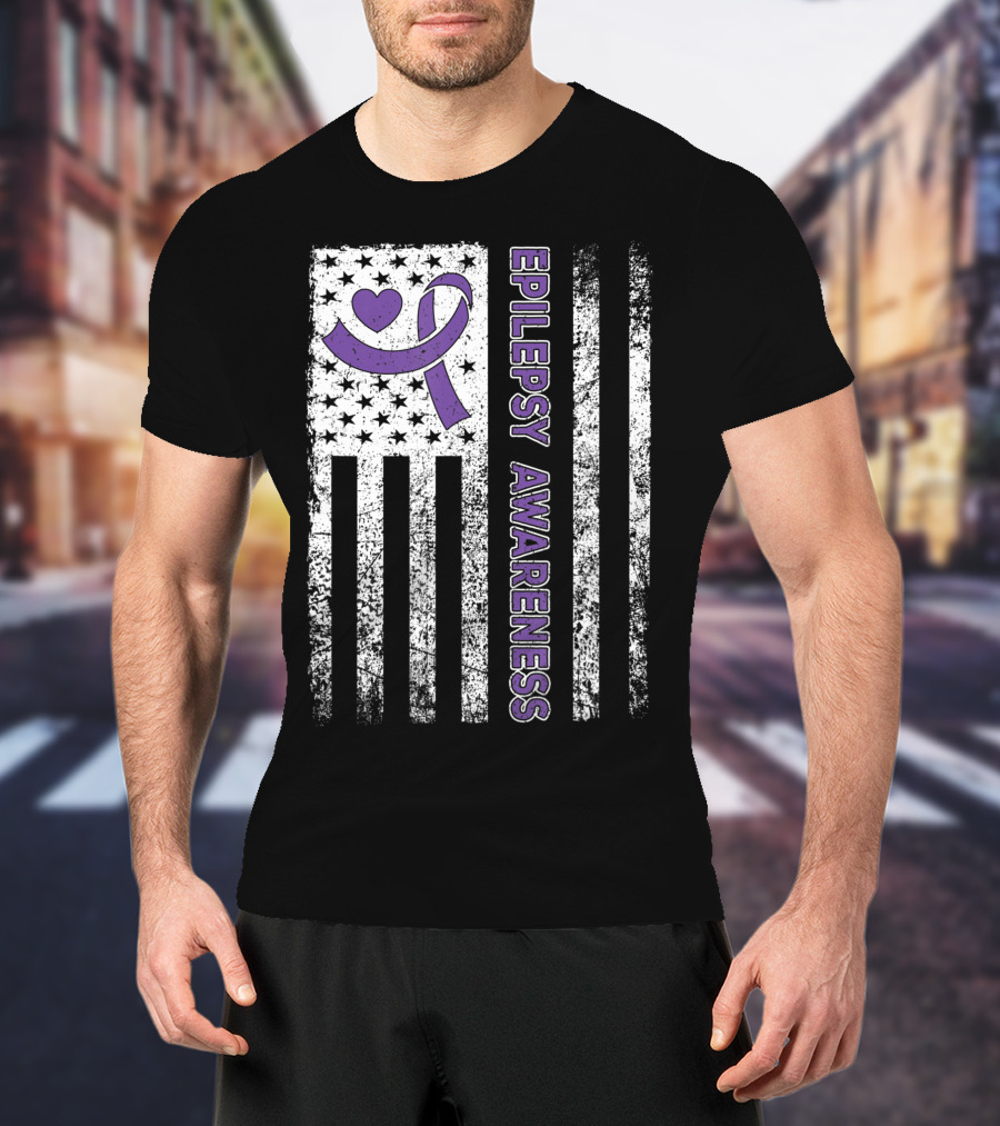 Epilepsy Awareness Flag Purple Ribbon Heart Warrior T-Shirt