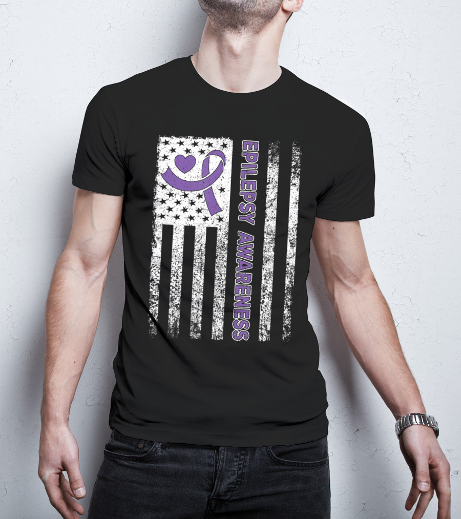 Epilepsy Awareness Flag Purple Ribbon Heart Warrior T-Shirt