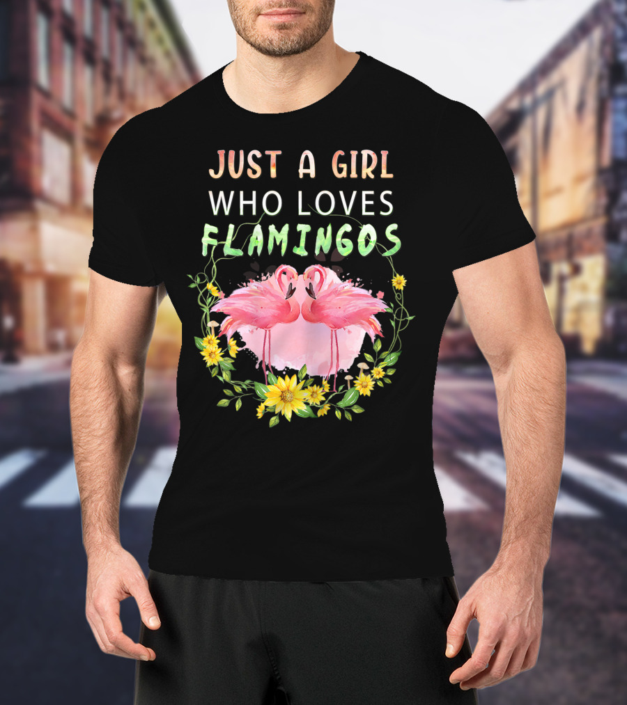 Just A Girl Who Loves Flamingos With Pink Flamingo Pair And Yellow Flowers T-Shirt
