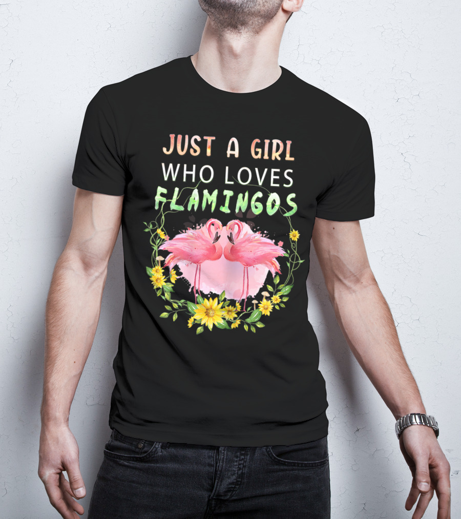Just A Girl Who Loves Flamingos With Pink Flamingo Pair And Yellow Flowers T-Shirt