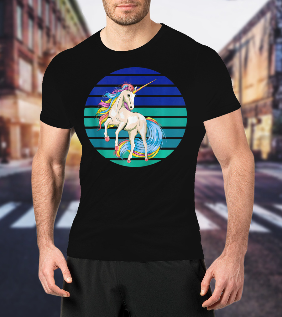Girls Unicorn Rainbow Striped Sunset T-Shirt