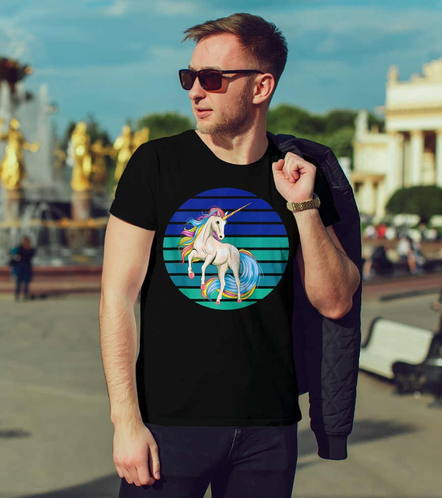 Girls Unicorn Rainbow Striped Sunset T-Shirt