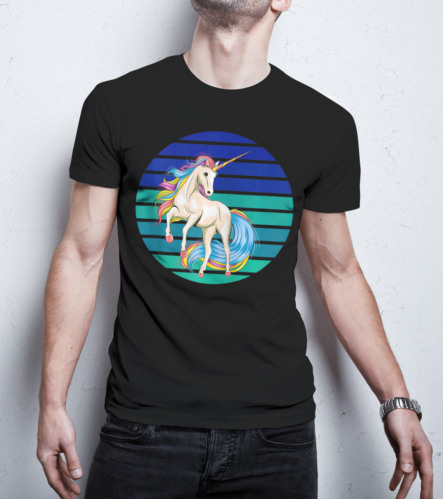 Girls Unicorn Rainbow Striped Sunset T-Shirt