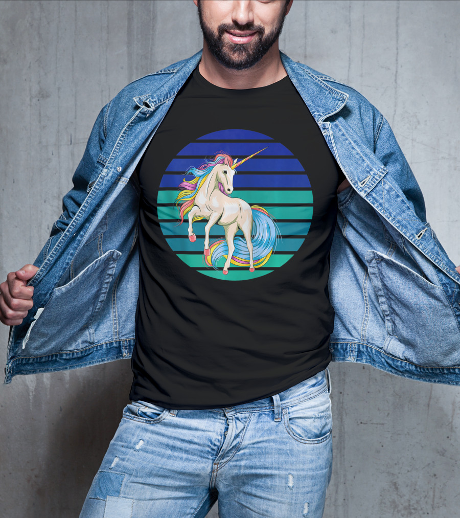 Girls Unicorn Rainbow Striped Sunset T-Shirt