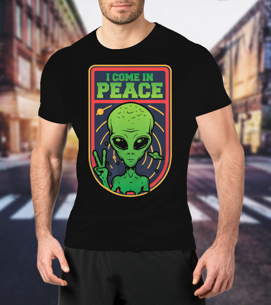 I Come In Peace Green Alien Face Head With UFO And Peace Sign T-Shirt