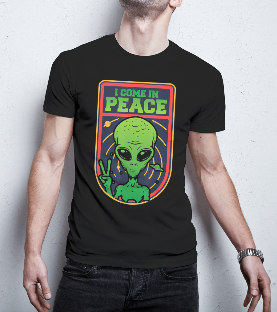 I Come In Peace Green Alien Face Head With UFO And Peace Sign T-Shirt