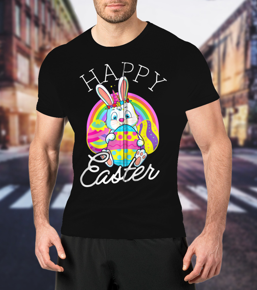 Happy Easter Unicorn Bunny Rabbit Eggs Rainbow Cute Kids Girls Women T-Shirt