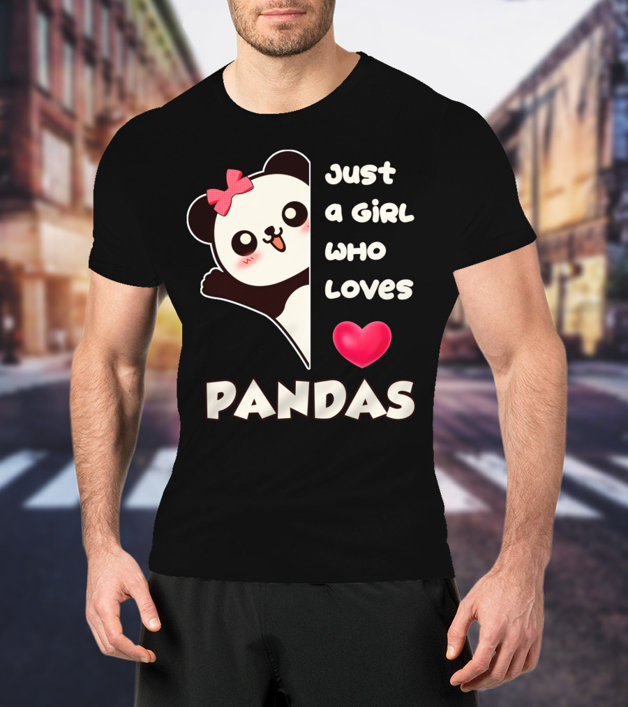 Just A Girl Who Loves Pandas Cute Kawaii Panda With Red Bow And Heart T-Shirt