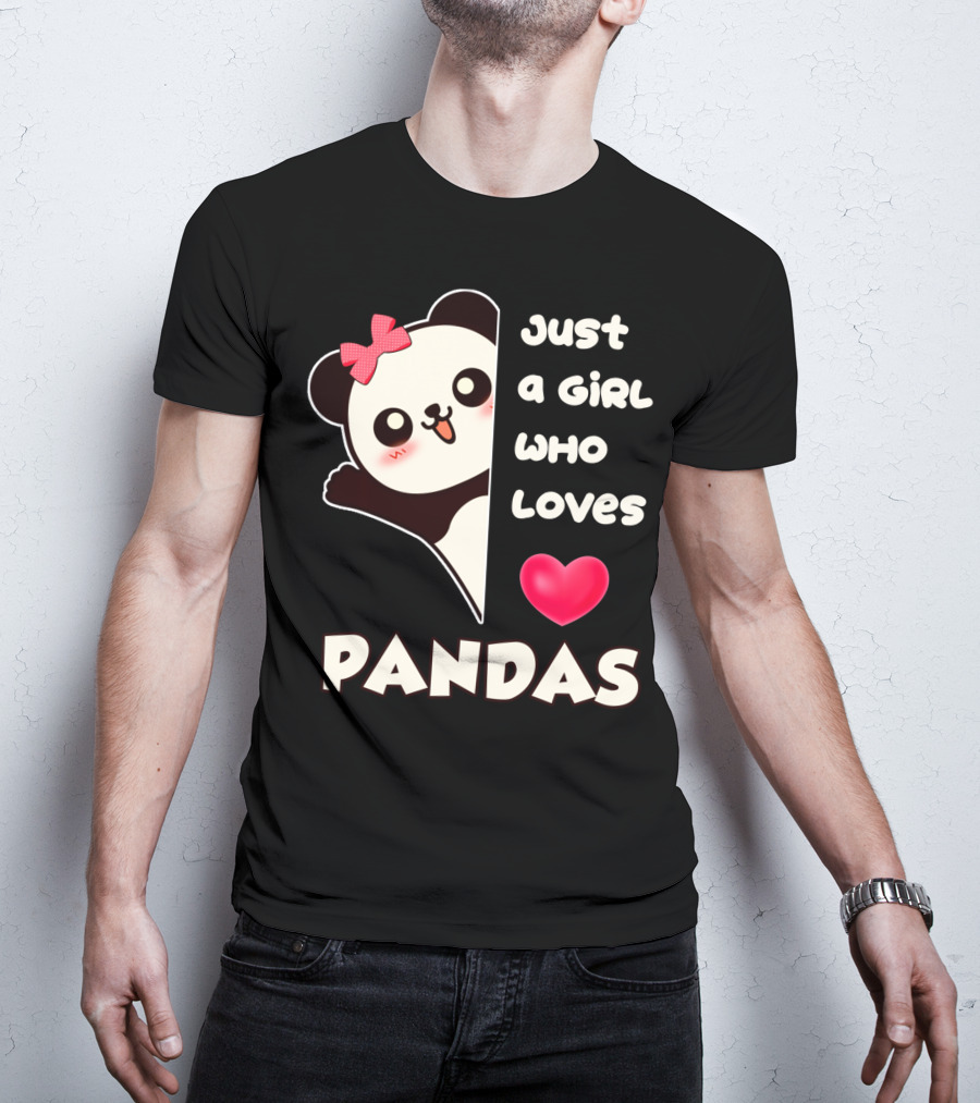 Just A Girl Who Loves Pandas Cute Kawaii Panda With Red Bow And Heart T-Shirt
