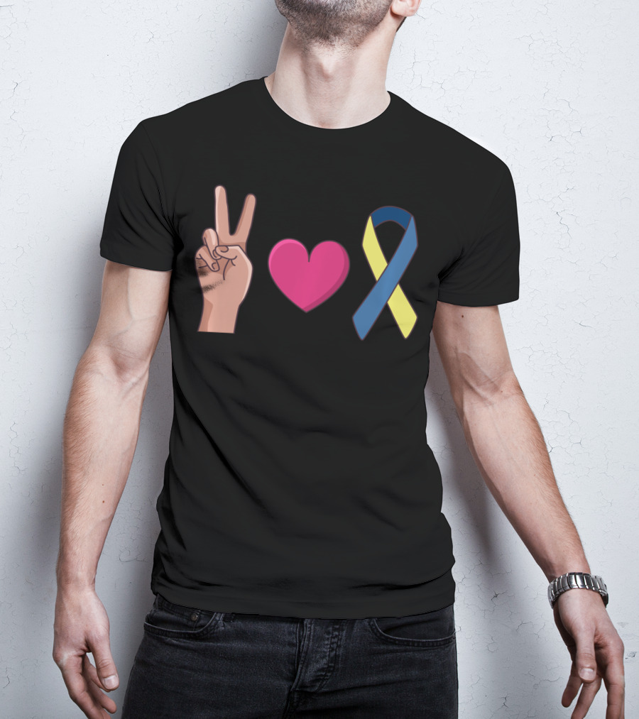 Peace Love Down Syndrome Awareness Blue Yellow T-Shirt