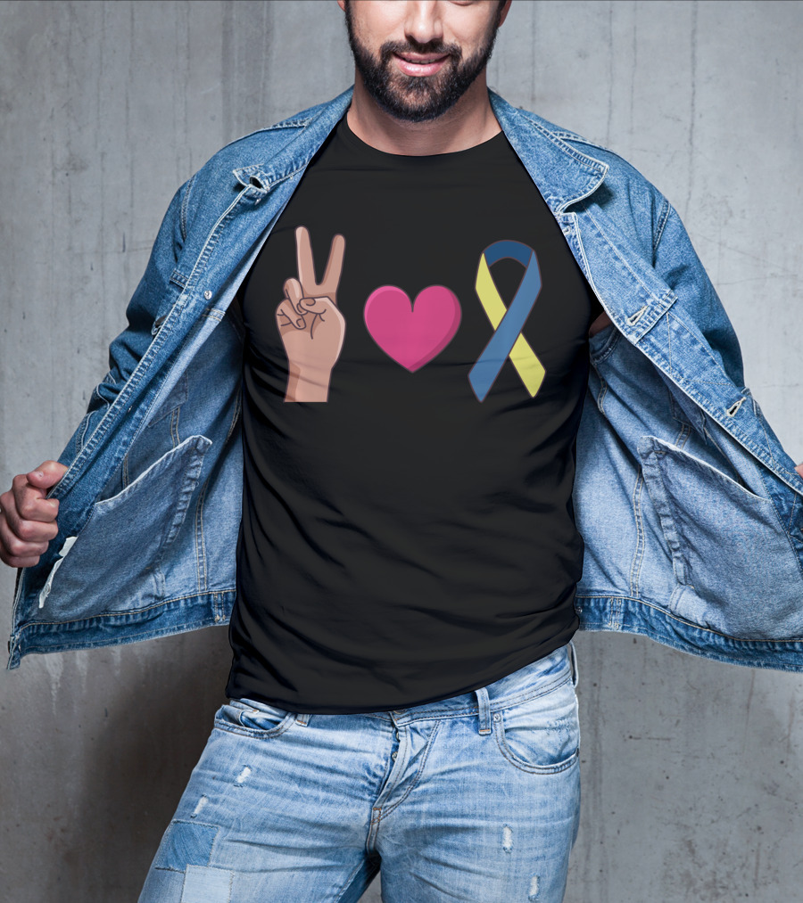 Peace Love Down Syndrome Awareness Blue Yellow T-Shirt