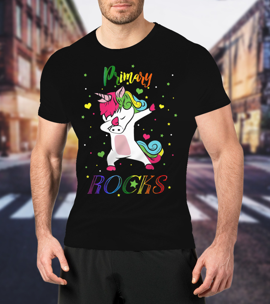 Primary Rocks Colorful Dabbing Unicorn With Hearts And Stars T-Shirt