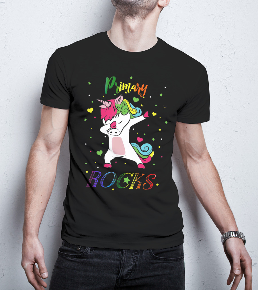 Primary Rocks Colorful Dabbing Unicorn With Hearts And Stars T-Shirt