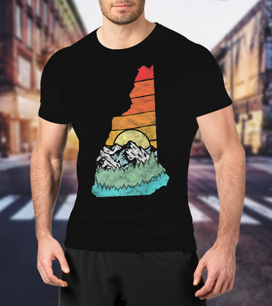 Retro New Hampshire State Outline With Mountains And Forest Sunset T-Shirt
