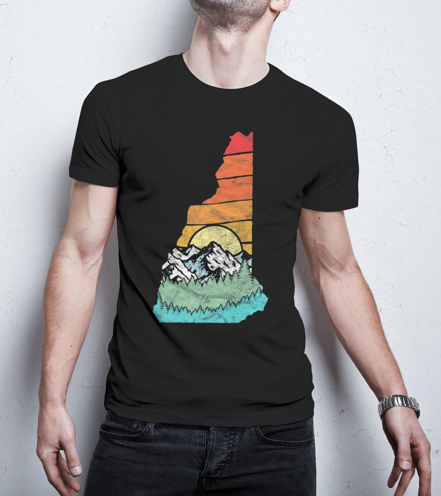 Retro New Hampshire State Outline With Mountains And Forest Sunset T-Shirt
