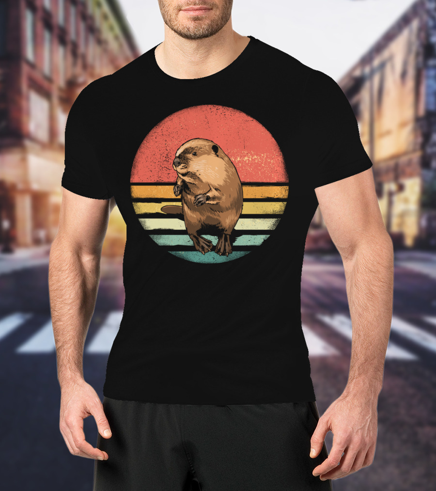 Retro Vintage Castor Nature Lover With Striped Sunset Circle T-Shirt