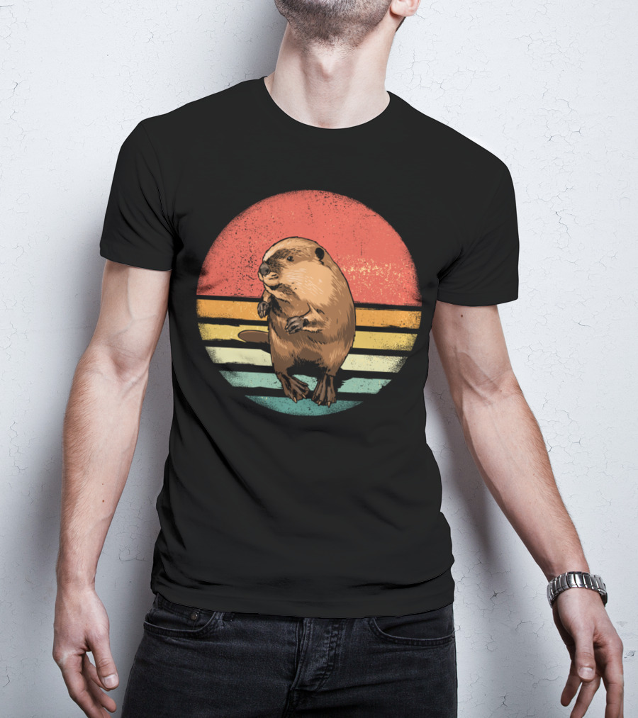 Retro Vintage Castor Nature Lover With Striped Sunset Circle T-Shirt