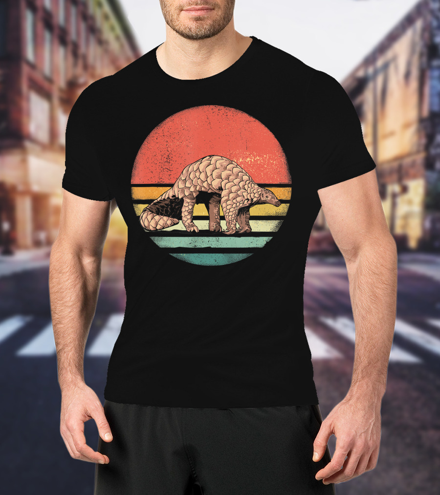 Retro Vintage Pangolin Nature Lover Sunset Stripes T-Shirt