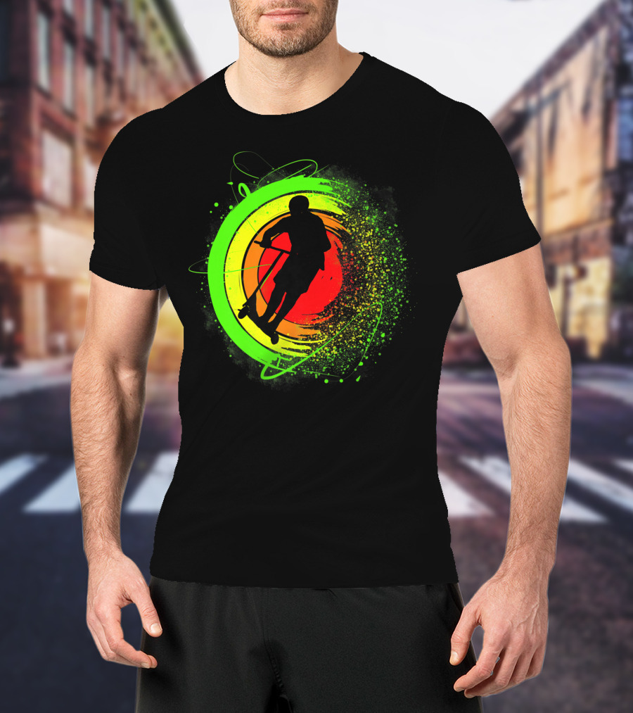 Scooter Stunt Action Silhouette In Vivid Circular Splash T-Shirt
