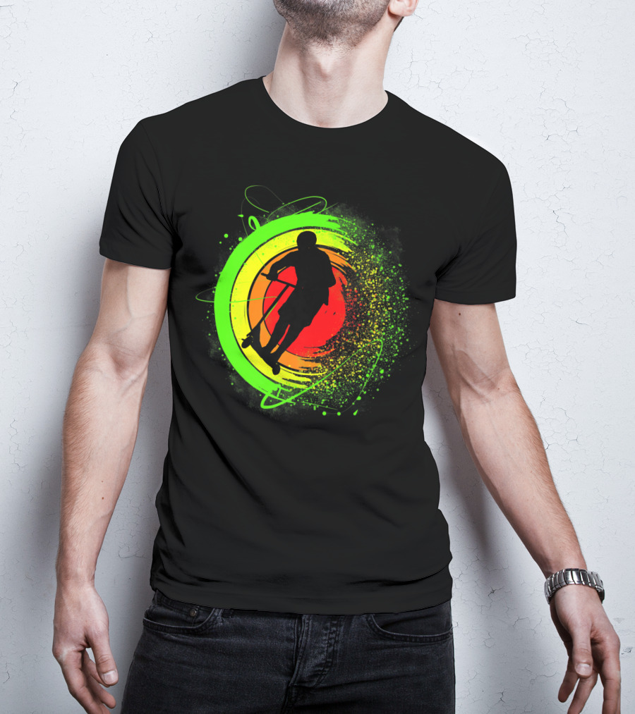 Scooter Stunt Action Silhouette In Vivid Circular Splash T-Shirt