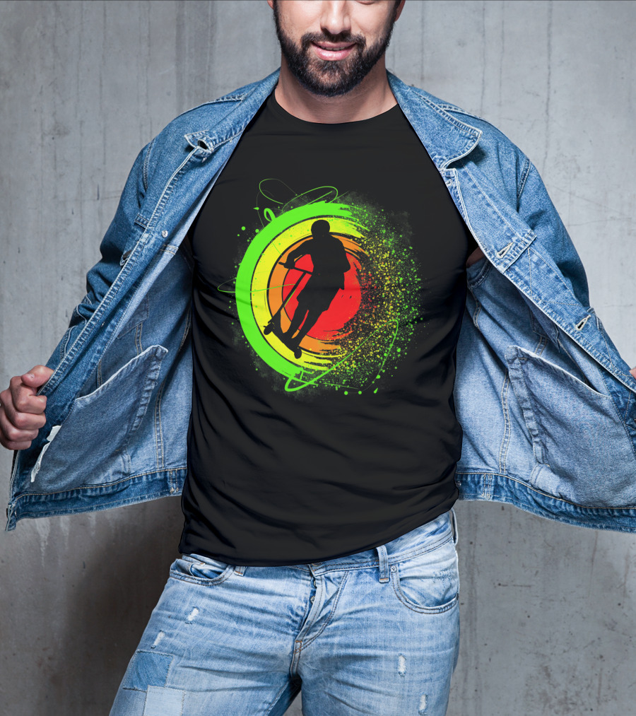 Scooter Stunt Action Silhouette In Vivid Circular Splash T-Shirt