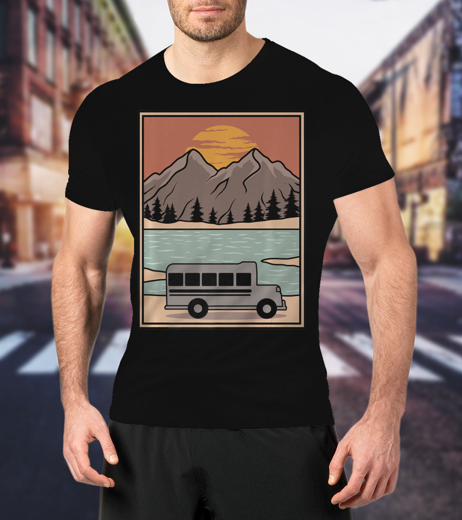 Vintage Skoolie Bus Conversion Scenic Mountain Lake Sunset T-Shirt