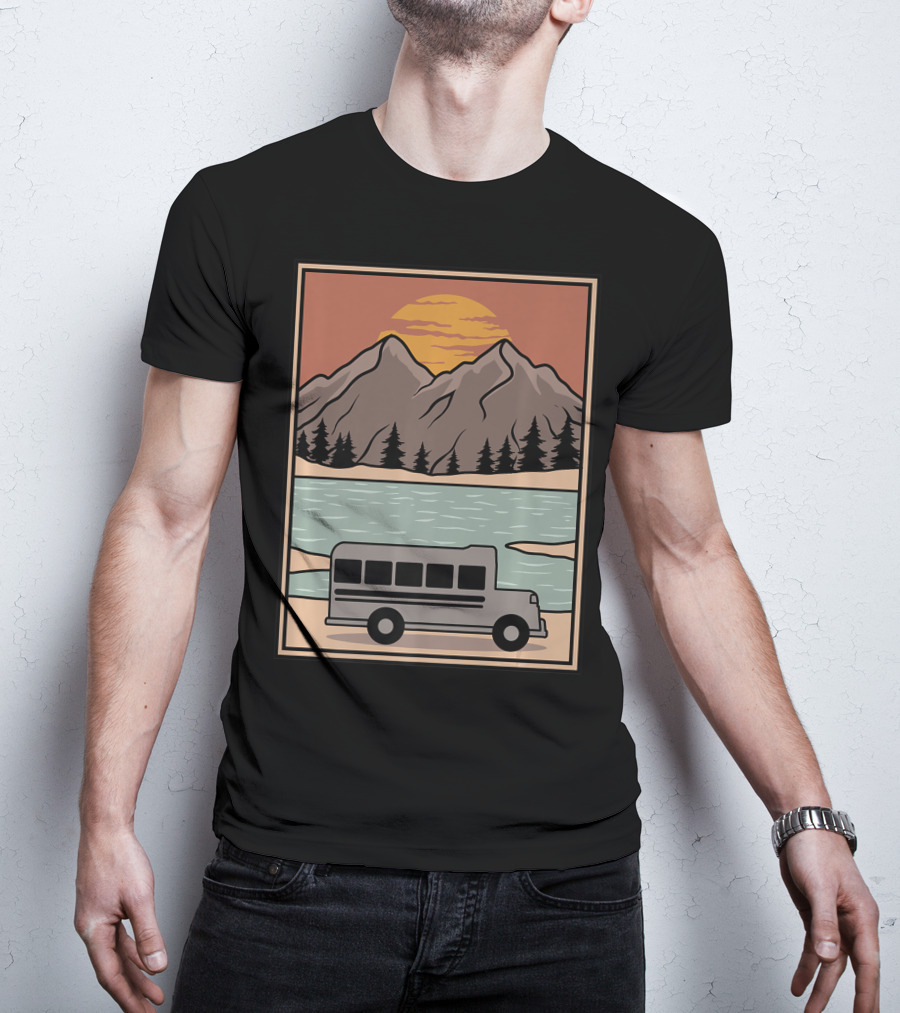 Vintage Skoolie Bus Conversion Scenic Mountain Lake Sunset T-Shirt