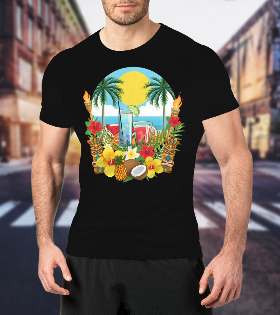 Tropical Sunset With Palm Trees And Exotic Drinks Amidst Tiki Torches And Hibiscus Flowers T-Shirt