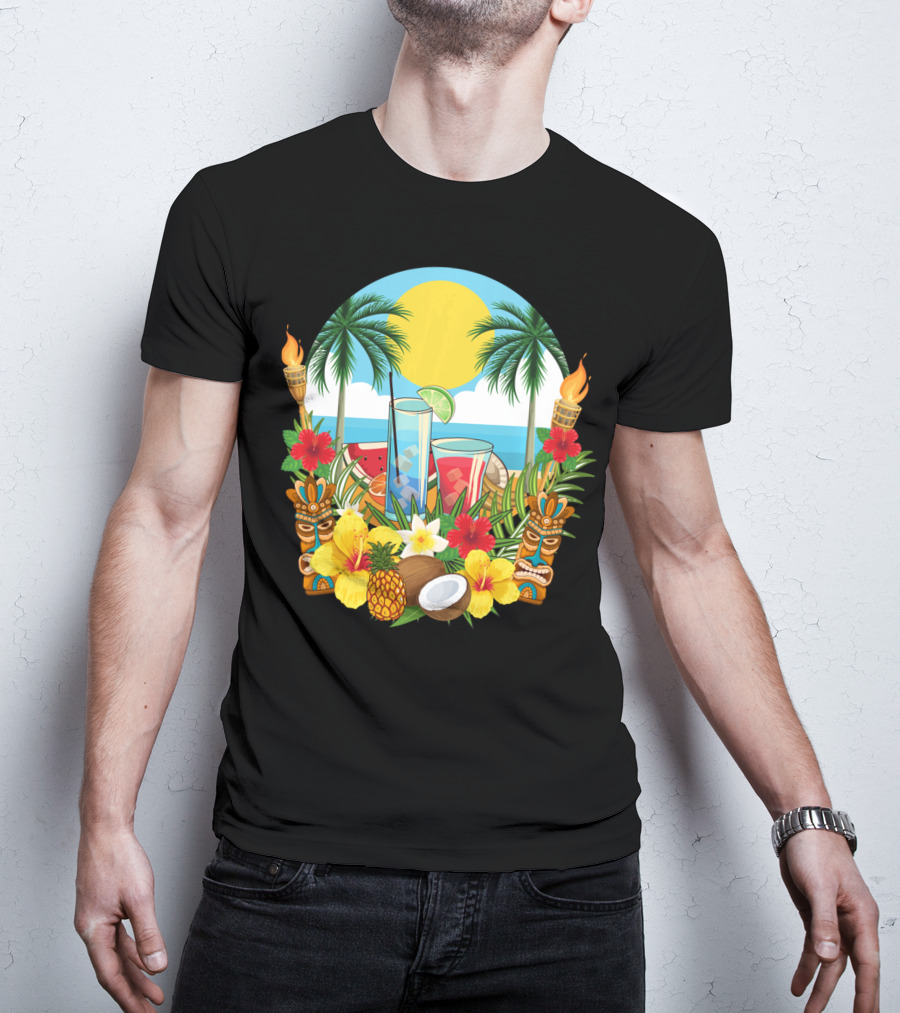 Tropical Sunset With Palm Trees And Exotic Drinks Amidst Tiki Torches And Hibiscus Flowers T-Shirt