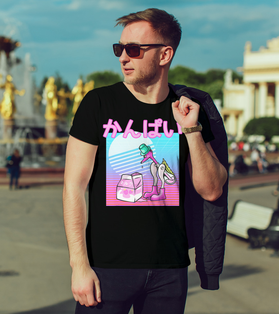 Vaporwave Strawberry Milk Kanpai Drinking Bird Toy Japanese T-Shirt