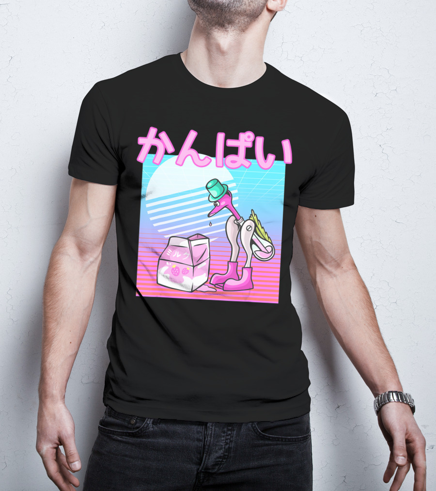 Vaporwave Strawberry Milk Kanpai Drinking Bird Toy Japanese T-Shirt