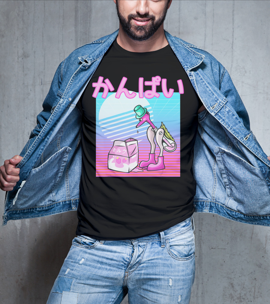 Vaporwave Strawberry Milk Kanpai Drinking Bird Toy Japanese T-Shirt