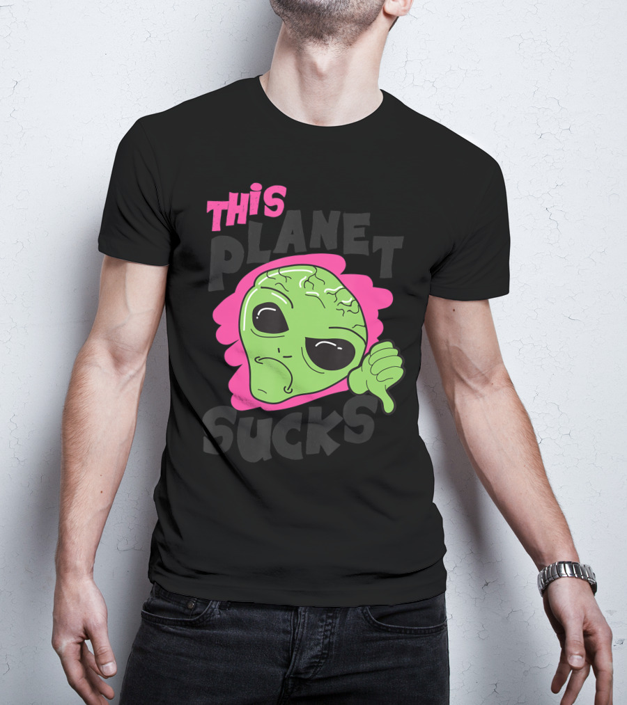 Green Alien Head Face This Planet Sucks Thumbs Down T-Shirt