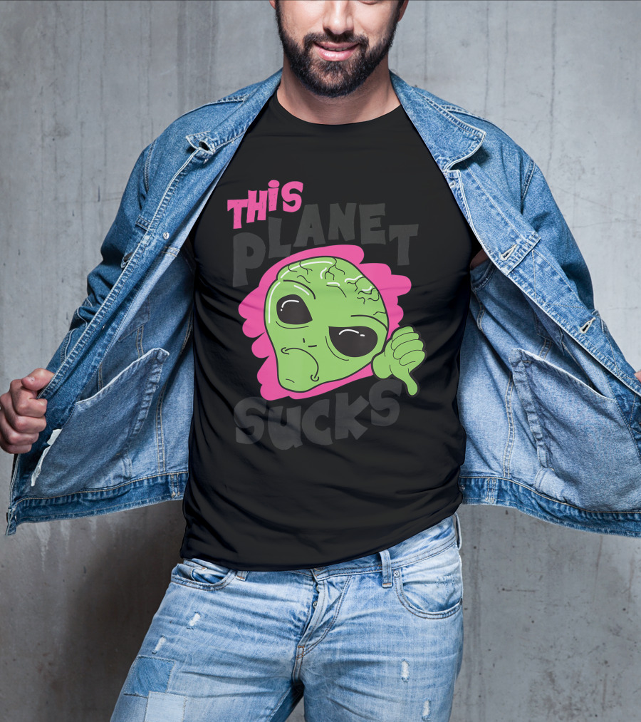Green Alien Head Face This Planet Sucks Thumbs Down T-Shirt