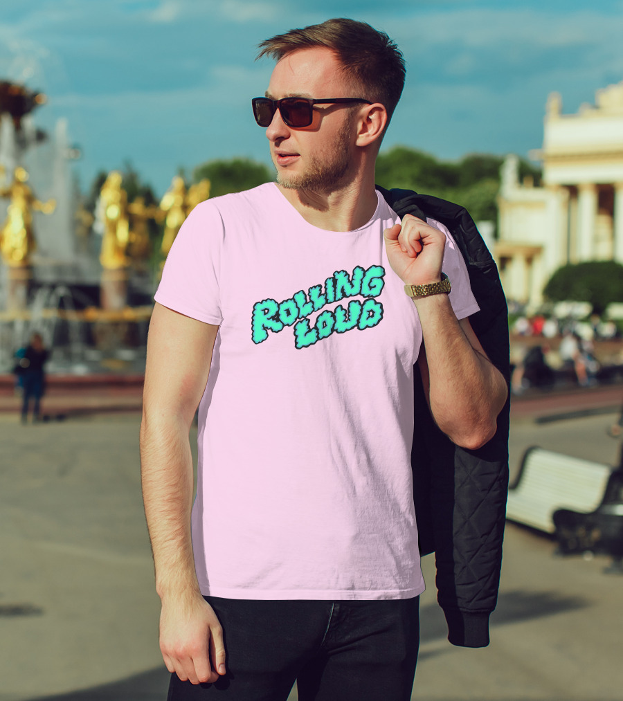 Rolling Loud Puffy Text Design On Pastel Pink Background T-Shirt
