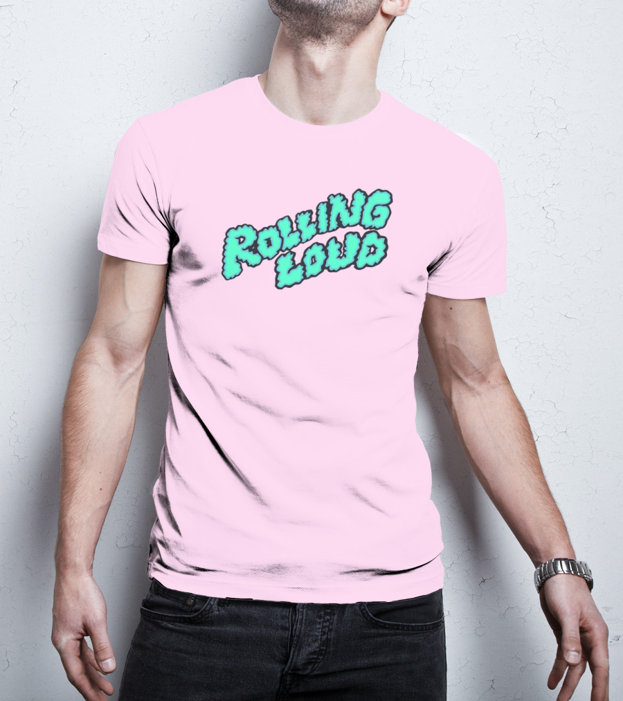 Rolling Loud Puffy Text Design On Pastel Pink Background T-Shirt