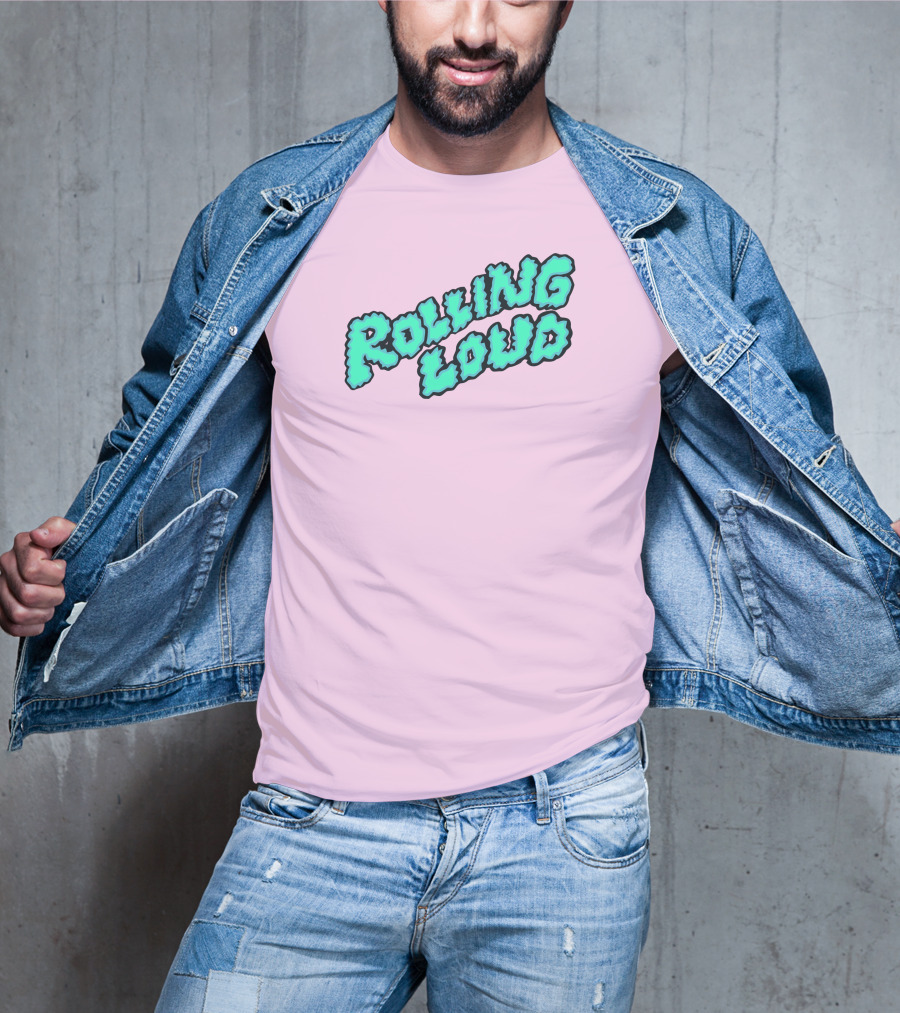 Rolling Loud Puffy Text Design On Pastel Pink Background T-Shirt