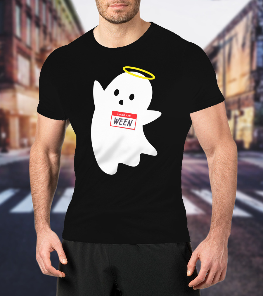 Wholesome Hallo I Am Ween Ghost With Halo And Nametag T-Shirt
