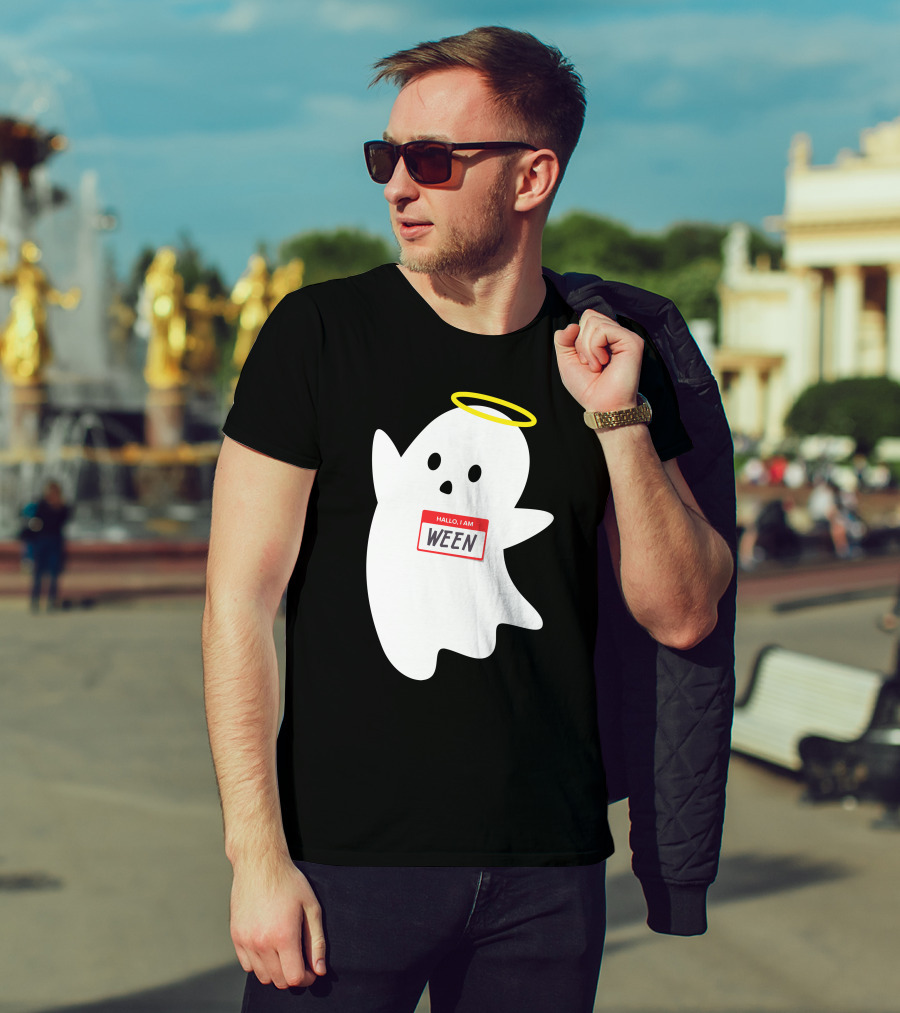 Wholesome Hallo I Am Ween Ghost With Halo And Nametag T-Shirt