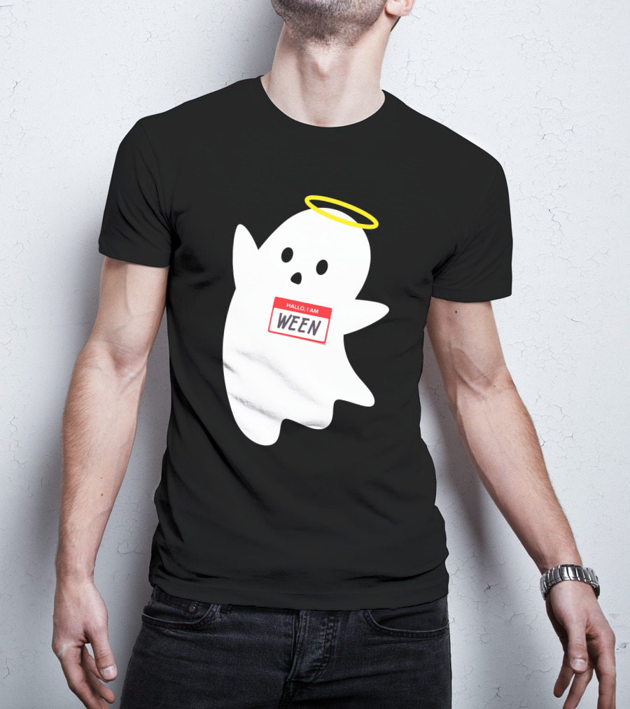 Wholesome Hallo I Am Ween Ghost With Halo And Nametag T-Shirt
