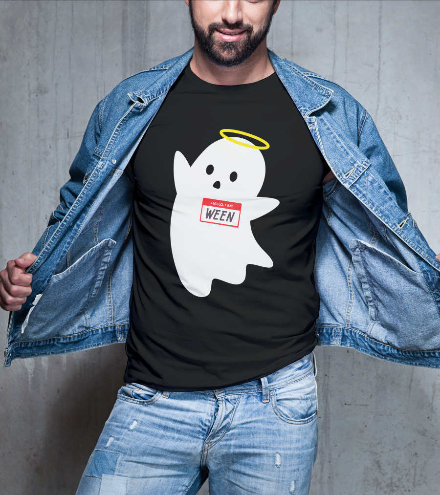 Wholesome Hallo I Am Ween Ghost With Halo And Nametag T-Shirt