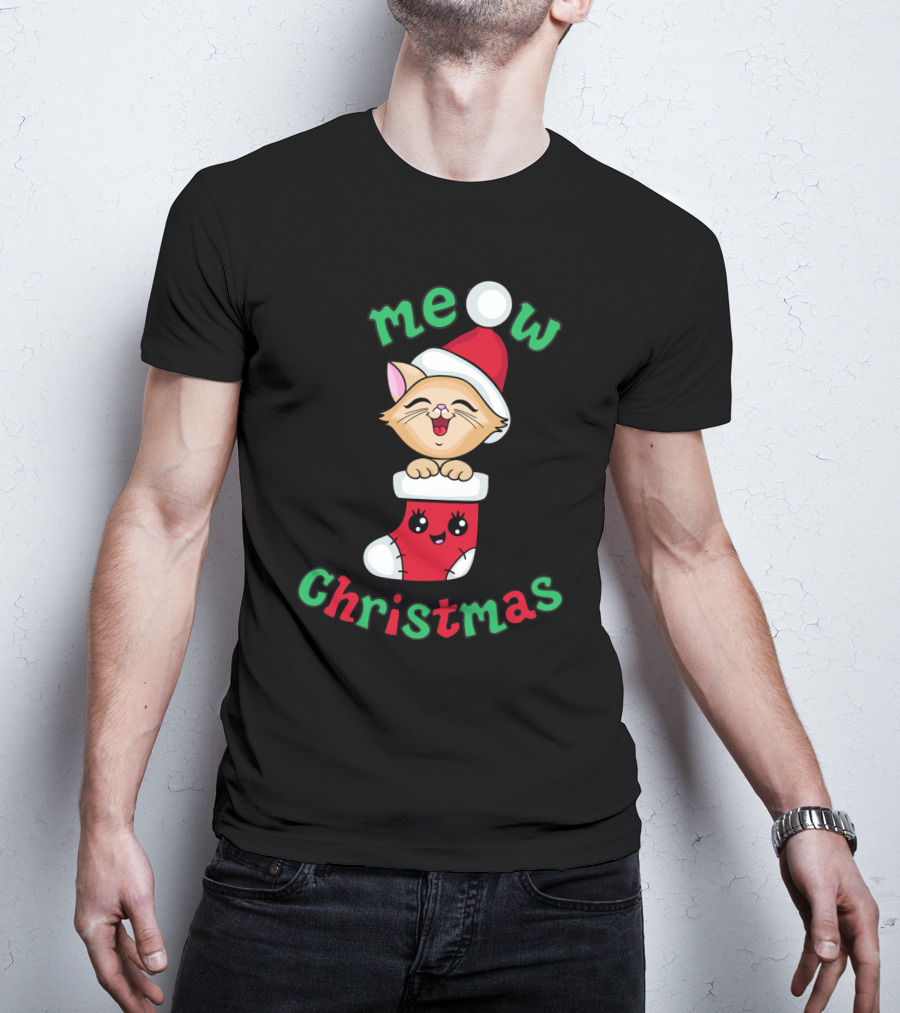 Meow Christmas Cute Kitten In Santa Hat And Stocking T-Shirt