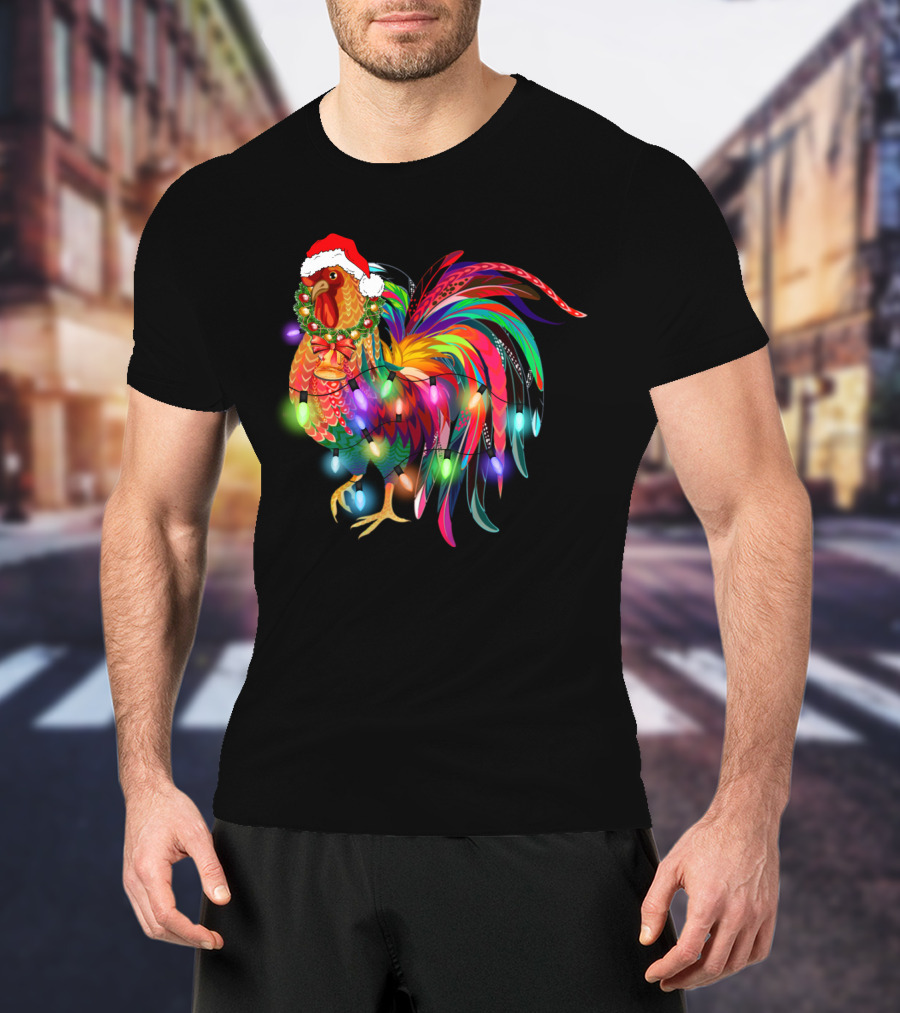Festive Chicken With Christmas Lights And Santa Hat T-Shirt