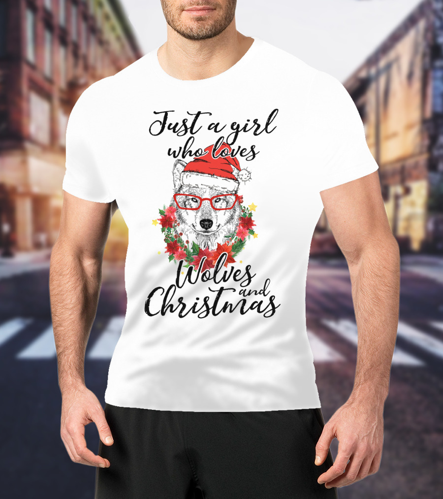 Girl's Love For Wolves And Christmas Santa Hat And Glasses T-Shirt