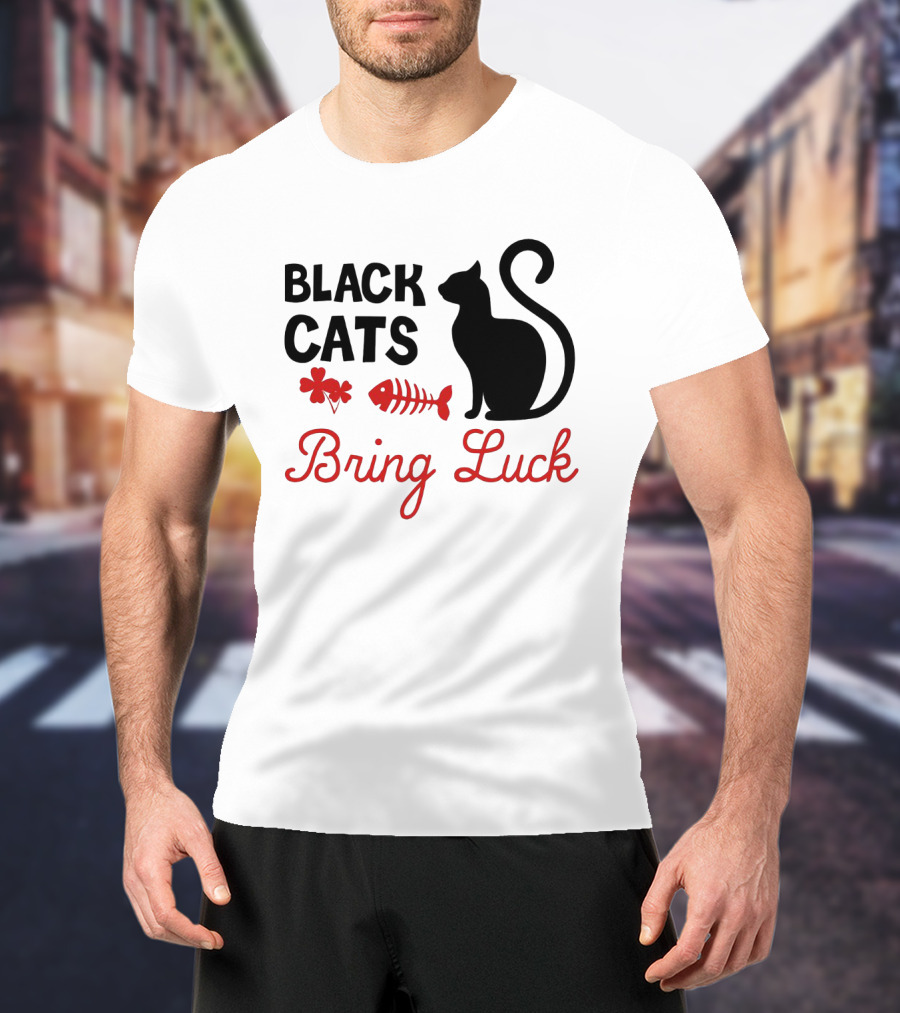 Black Cats Bring Luck Shamrock And Fishbone Icon Holiday Present T-Shirt