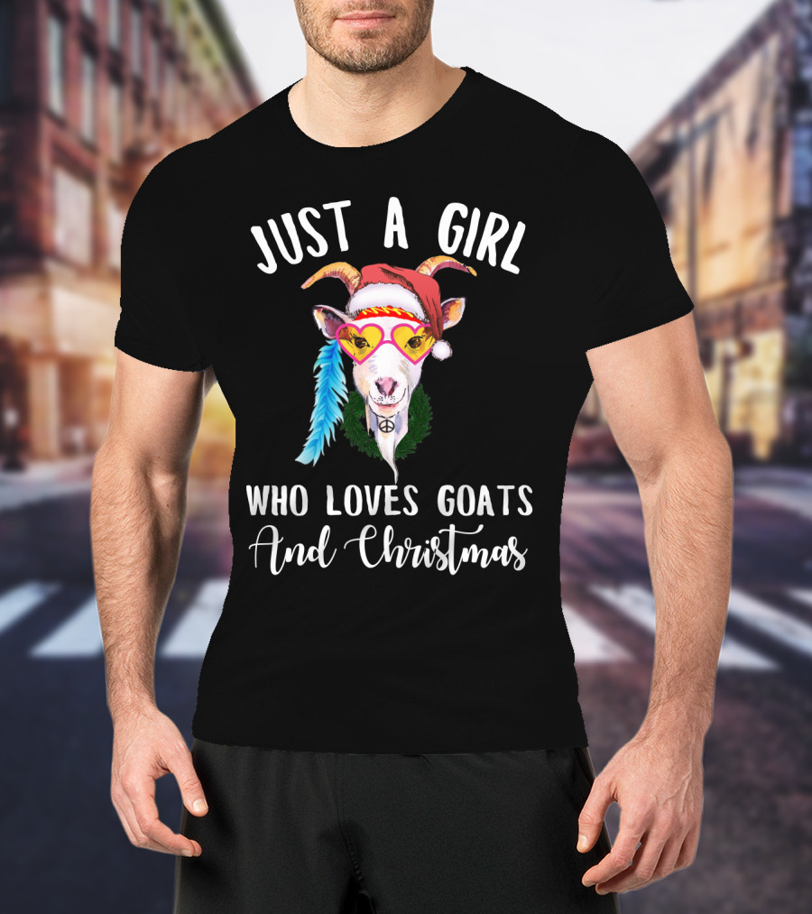 Just A Girl Who Loves Goats And Christmas With Santa Hat Peace Sign Glasses T-Shirt