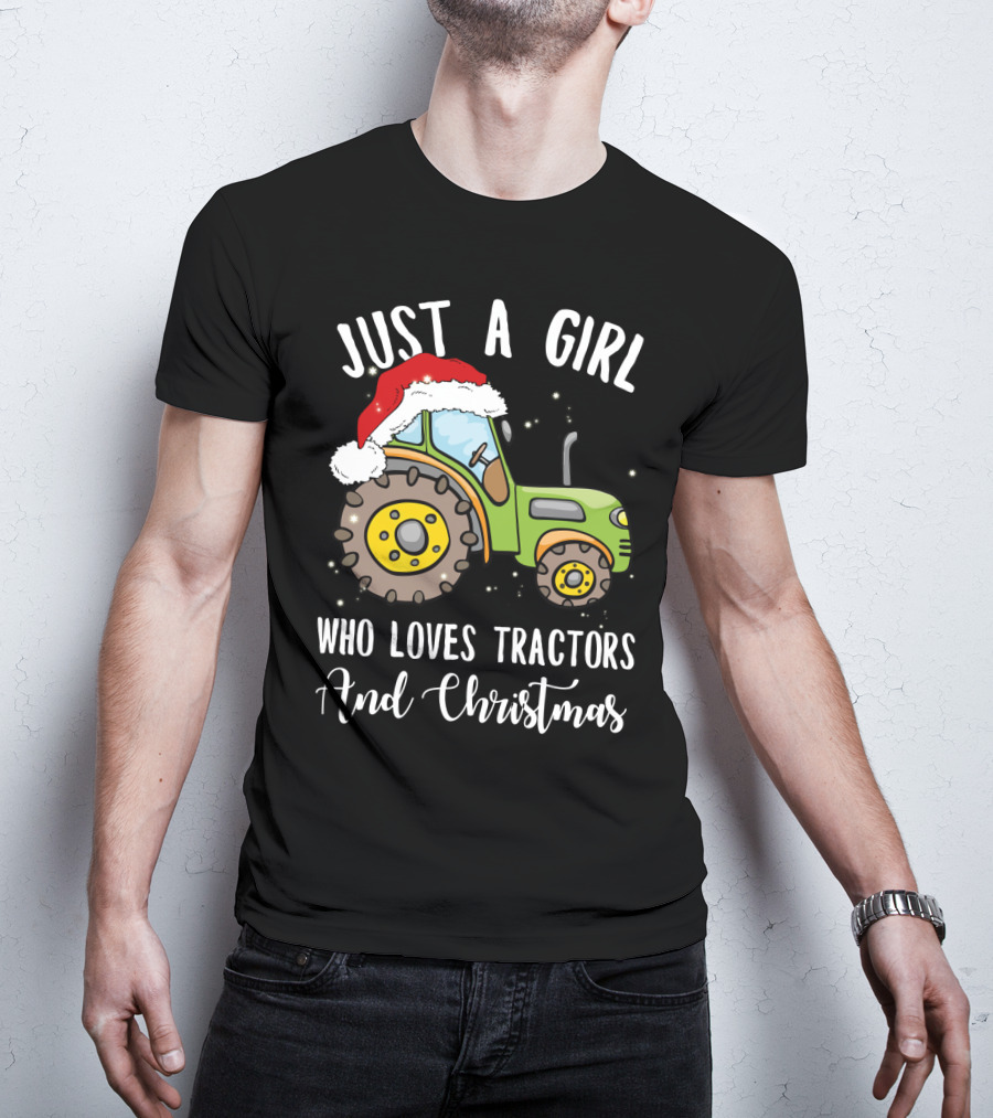 Just A Girl Who Loves Tractors And Christmas With Santa Hat T-Shirt